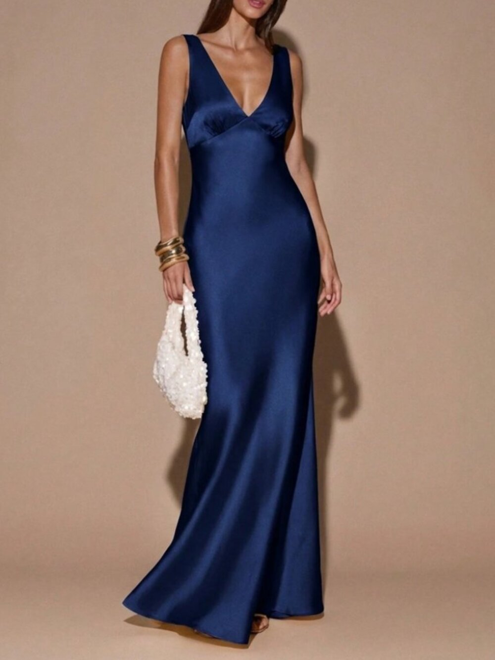 Navy Blue Satin Deep V-Neck Maxi Dress - Slim Fit Evening Gown